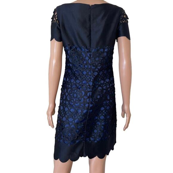 Muse Black Blue Laser Cut Eyelet Dress Size 6 black and navy blue sheath dress - Picture 5 of 16